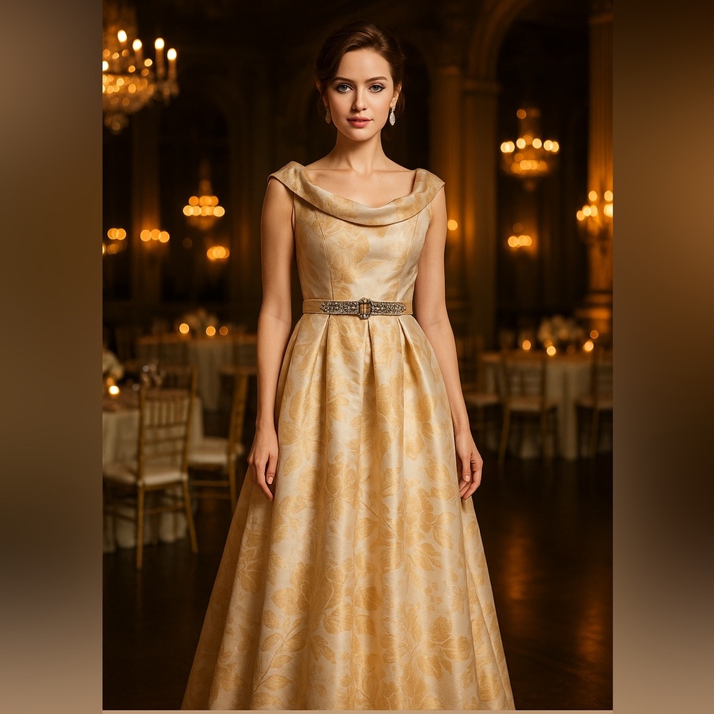 Eliza J Gold Floral Brocade Gown with Beaded Belt – Size 4 NWT